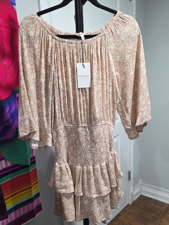 Promesa Tops - Promesa Cream Floral Smocked-Tiered Tunic with Flutter Sleeves